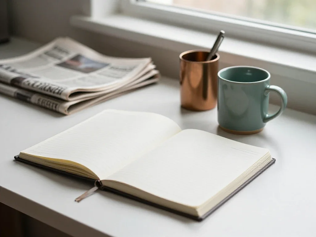 Espace de rédaction avec journaux, carnets et café illustrant le travail éditorial quotidien.